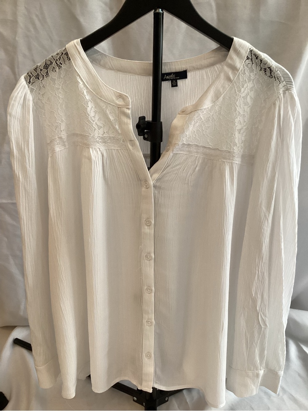 Angels Ivory Lace-Yoke Button-Front Blouse